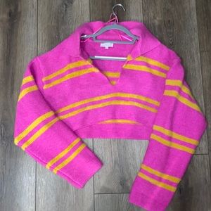 NEVER WORN. Oversize pink sweater with yellow stripes!